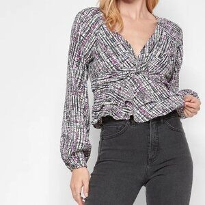 Express Abstract Print Tiered Ruffle Peplum Top XS